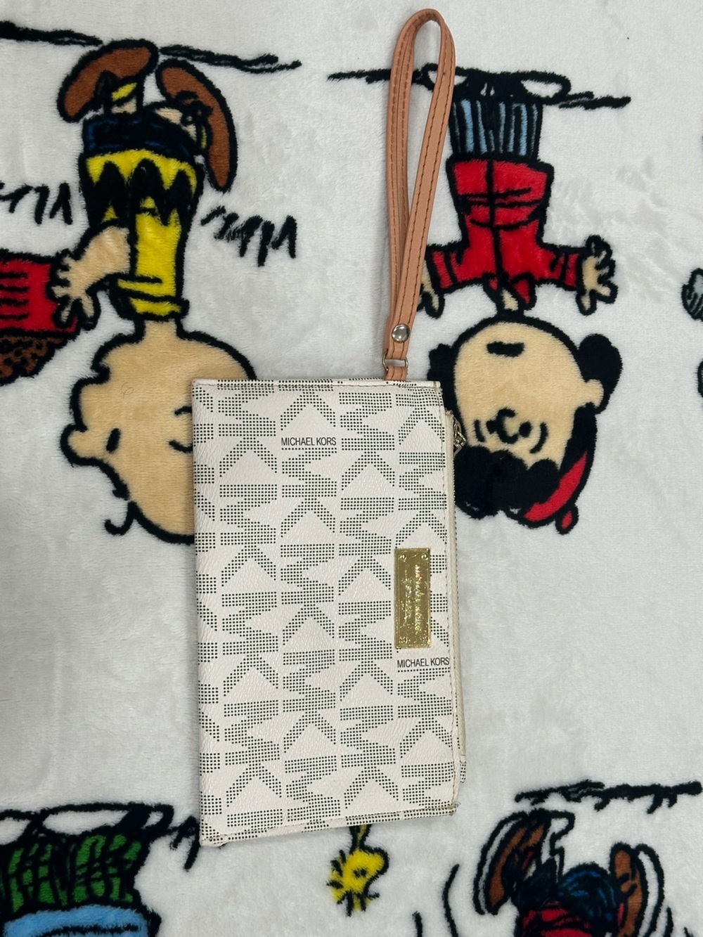 Michael Kors Cream Logo Wristlet with Tan Strap and Gold Hardware